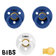 BIBS Colour Sutter med navn str1, 2 Cornflower, 1 White, Runde latex